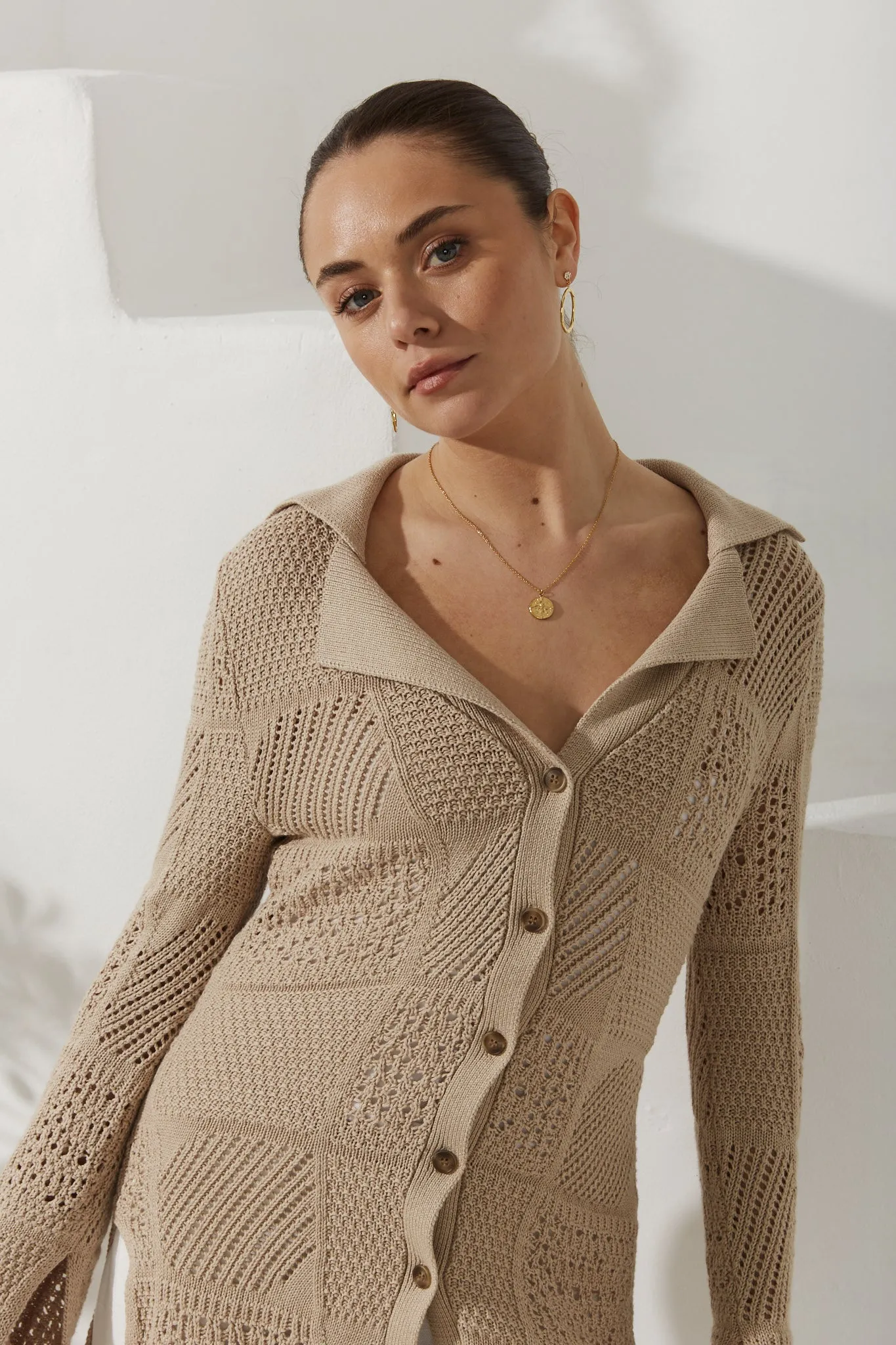 Kaori Beige Crochet Knit Cardigan