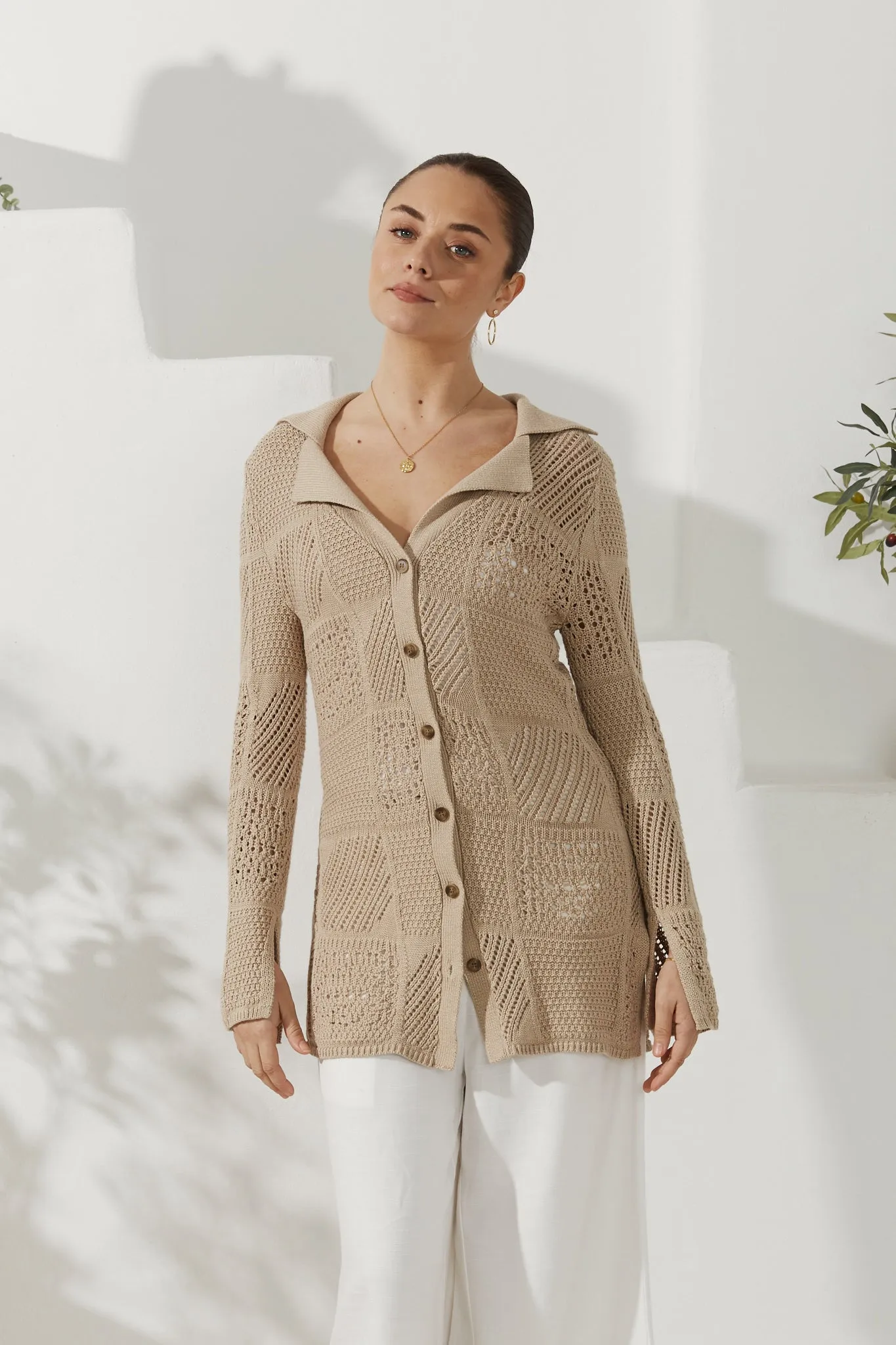 Kaori Beige Crochet Knit Cardigan