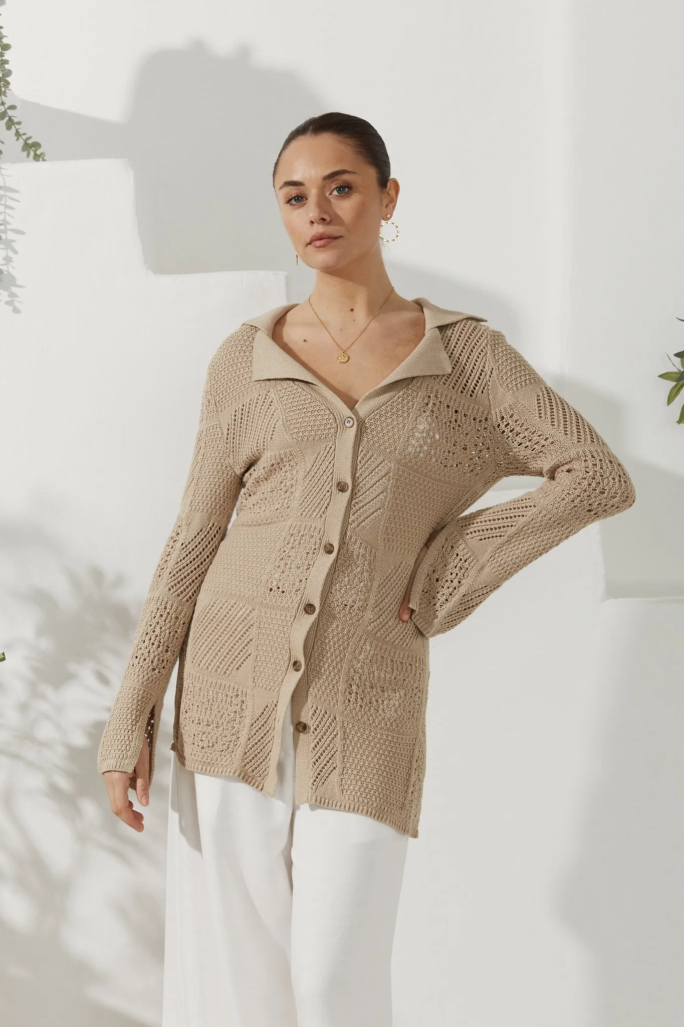 Kaori Beige Crochet Knit Cardigan