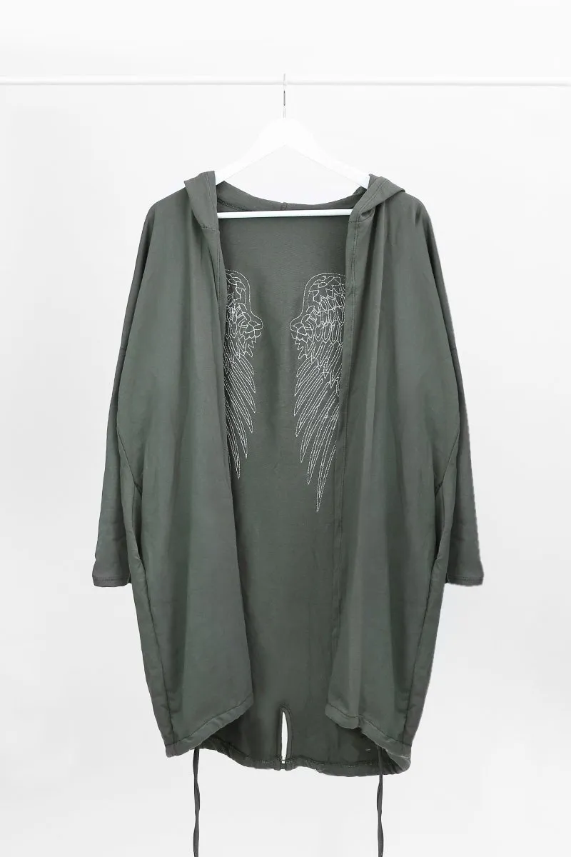 KHAKI ANGEL WING HOODED CARDI