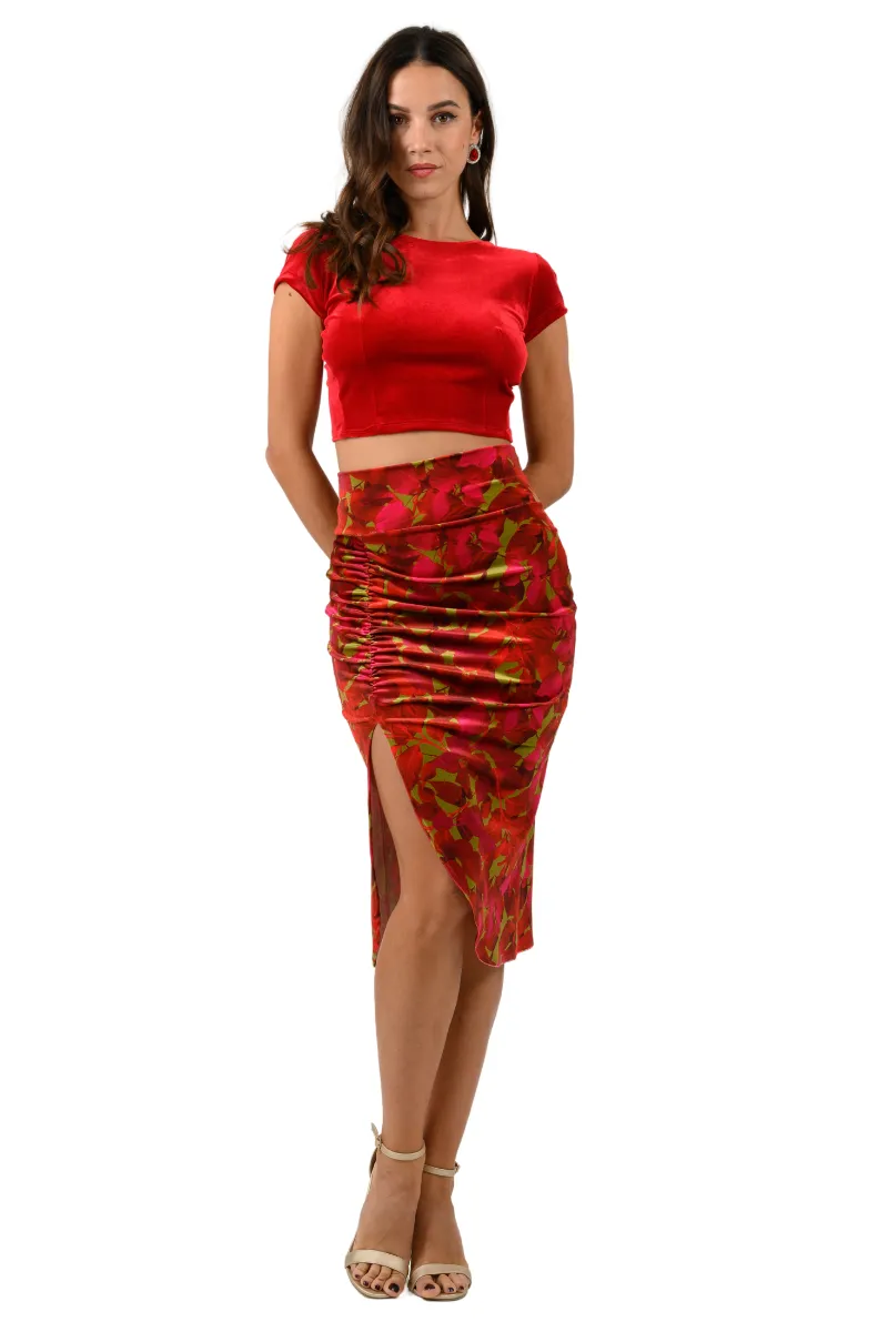 Leaf Print Velvet Pencil Skirt With Gathering