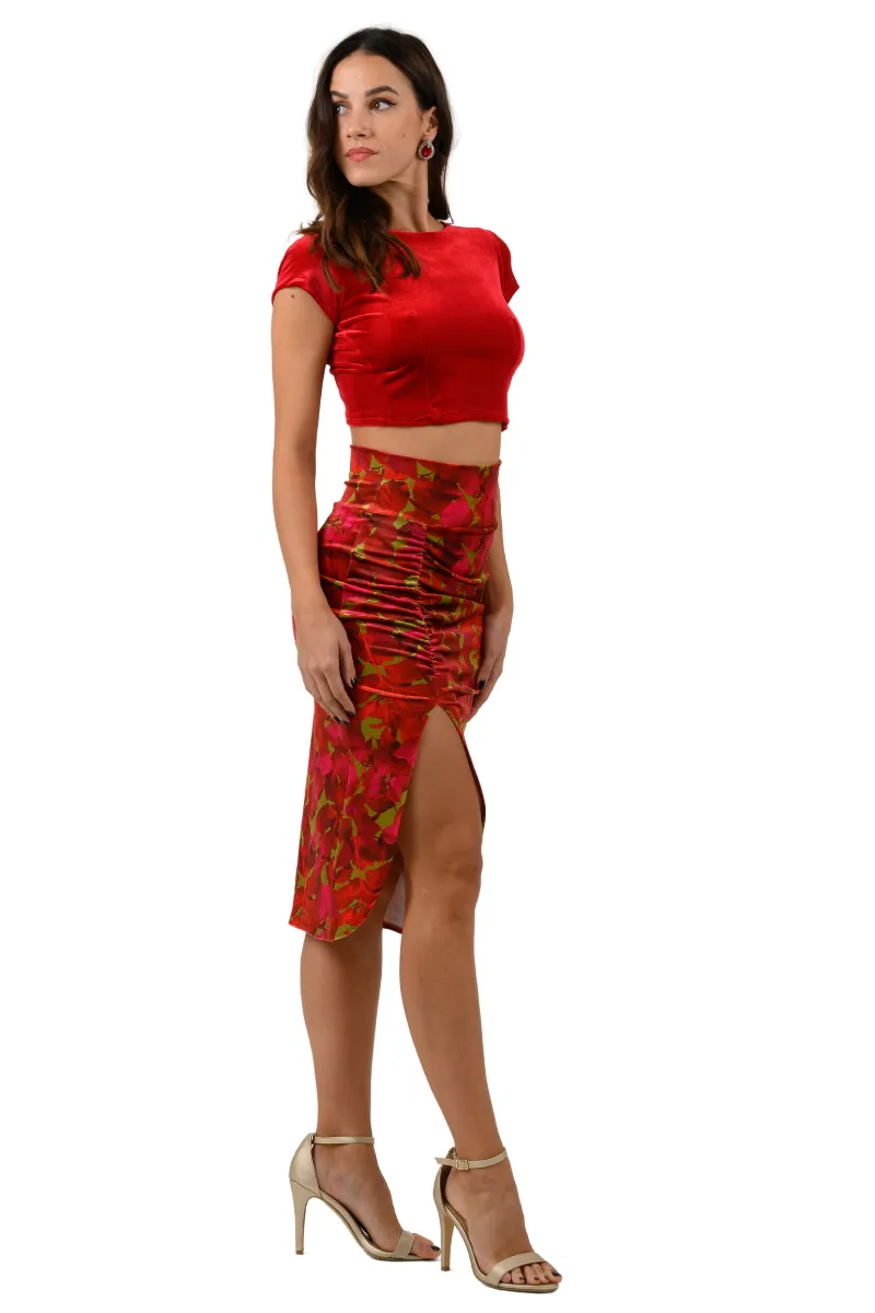 Leaf Print Velvet Pencil Skirt With Gathering