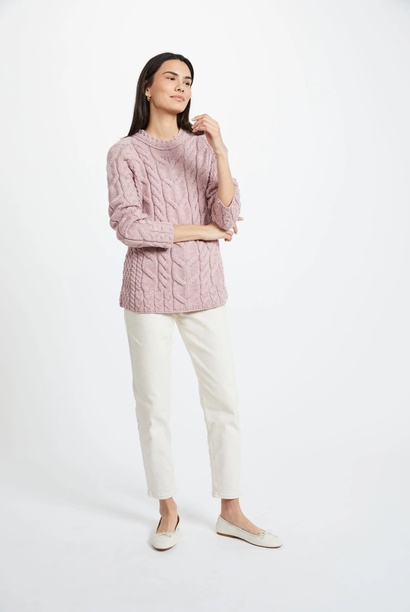 Listowel Ladies Aran Cabled Sweater | Pink