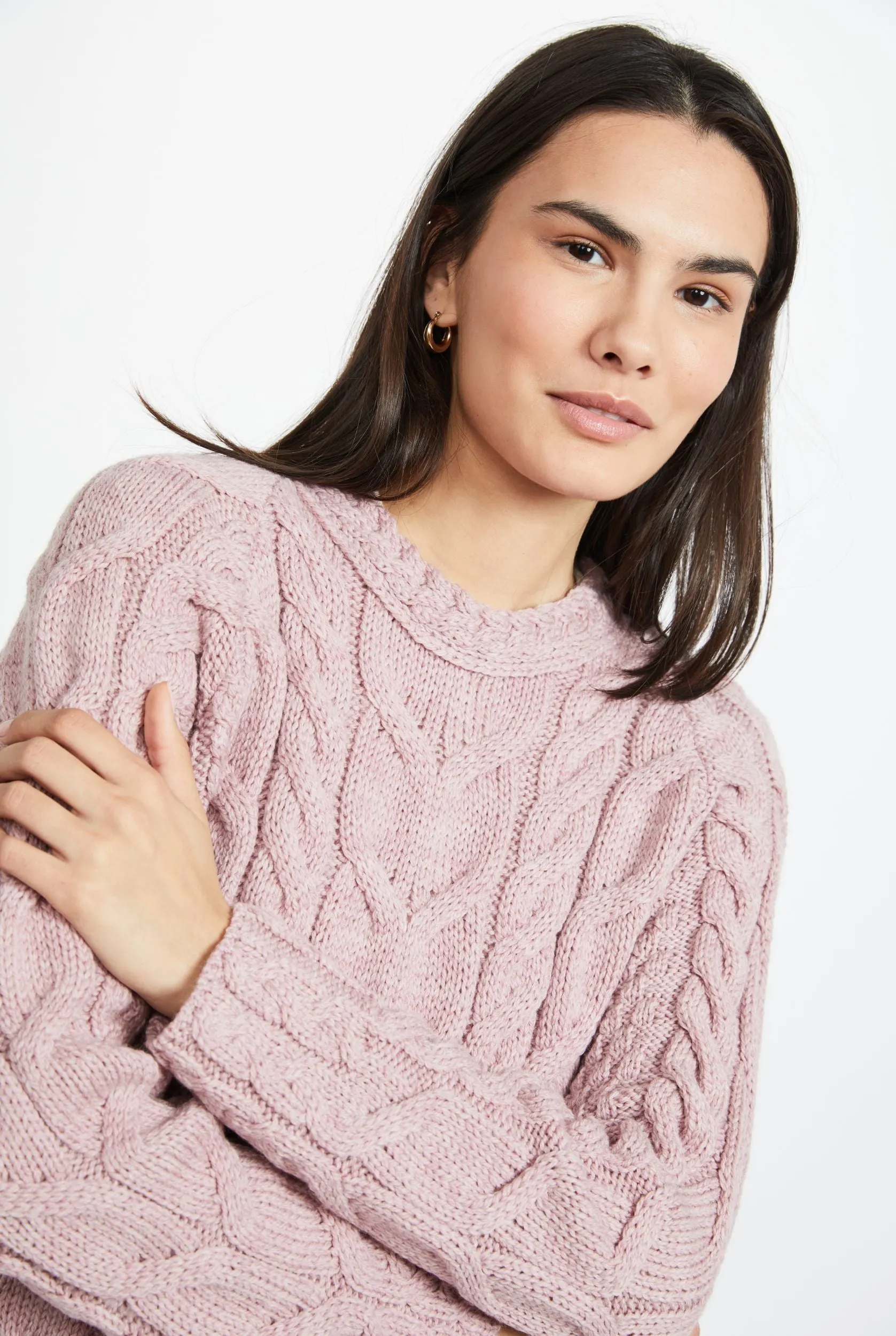 Listowel Ladies Aran Cabled Sweater | Pink