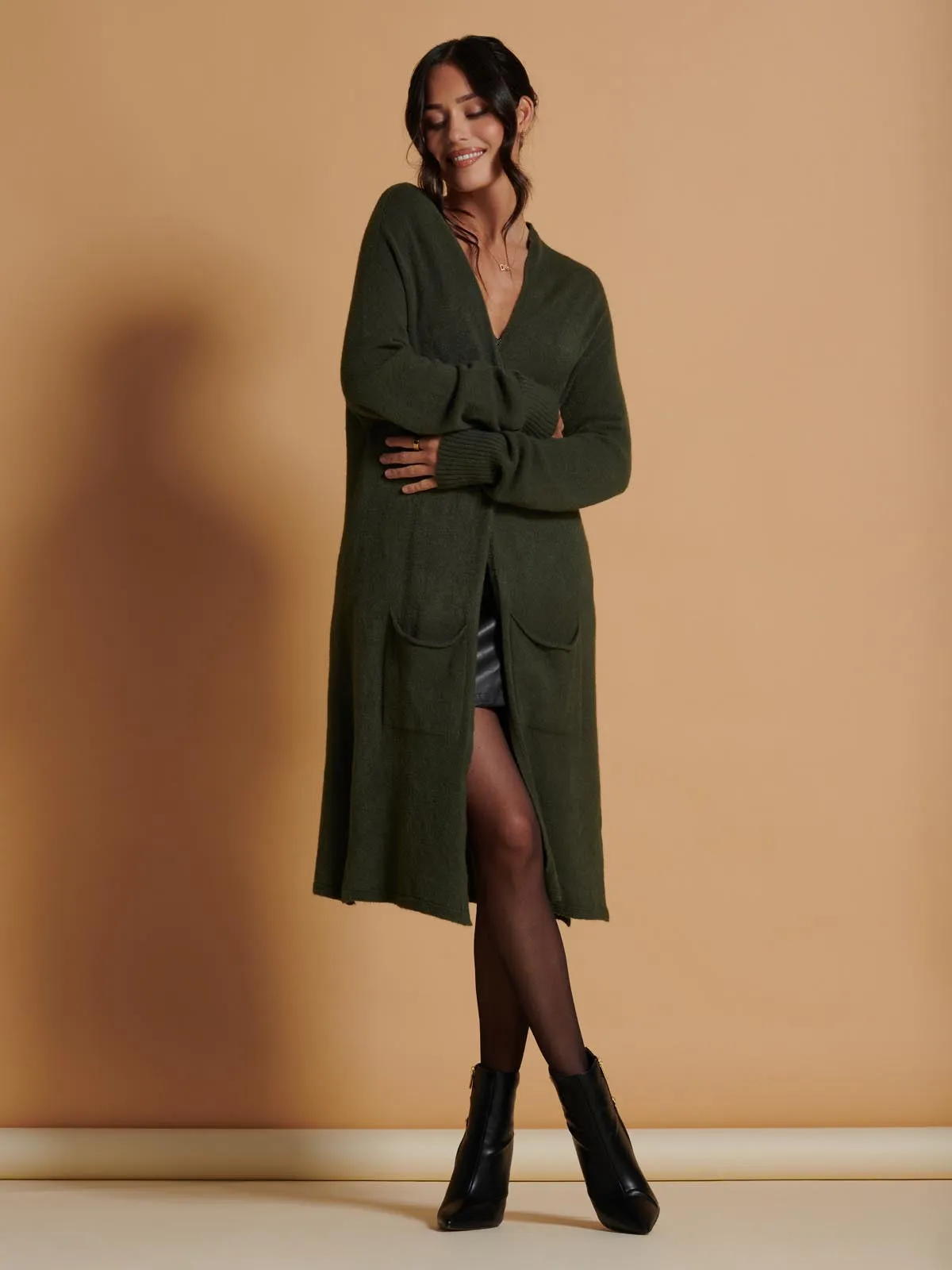 Longline Soft Knitted Cardigan, Soldier Green