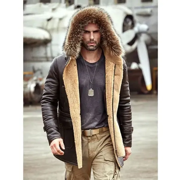 Men's Bomber Hooded Mink Fur Shearling Leather Long Jacket Coat