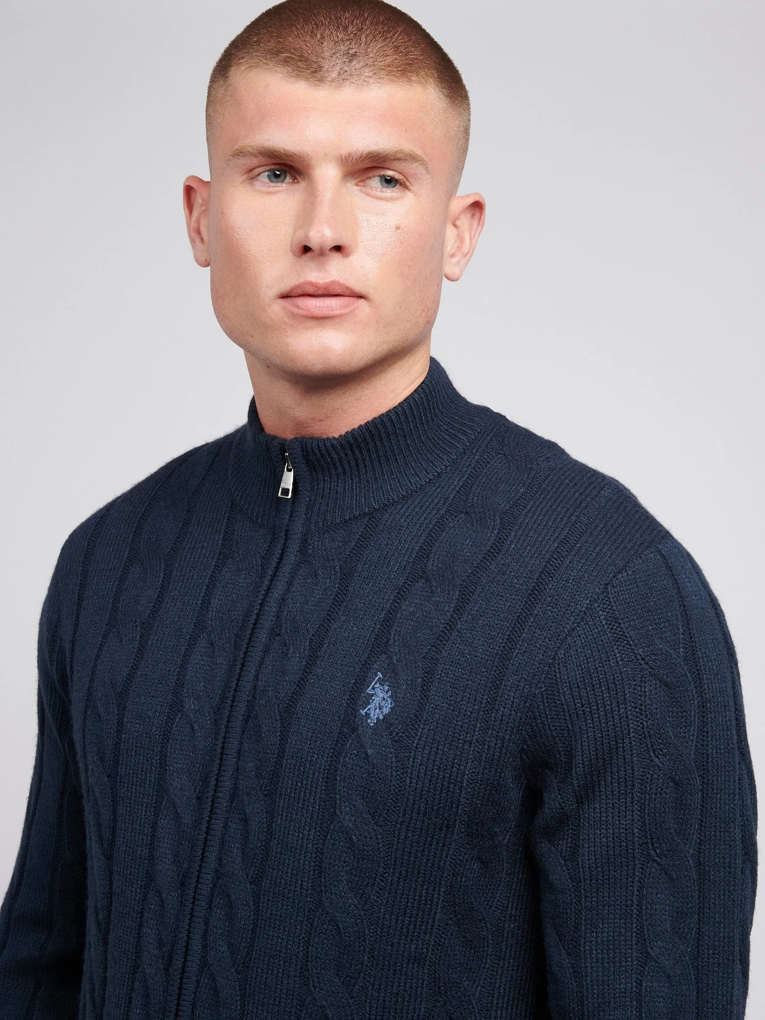 Mens Cable Knit Zip Funnel Neck in Dark Sapphire Navy / Moonlight Blue DHM