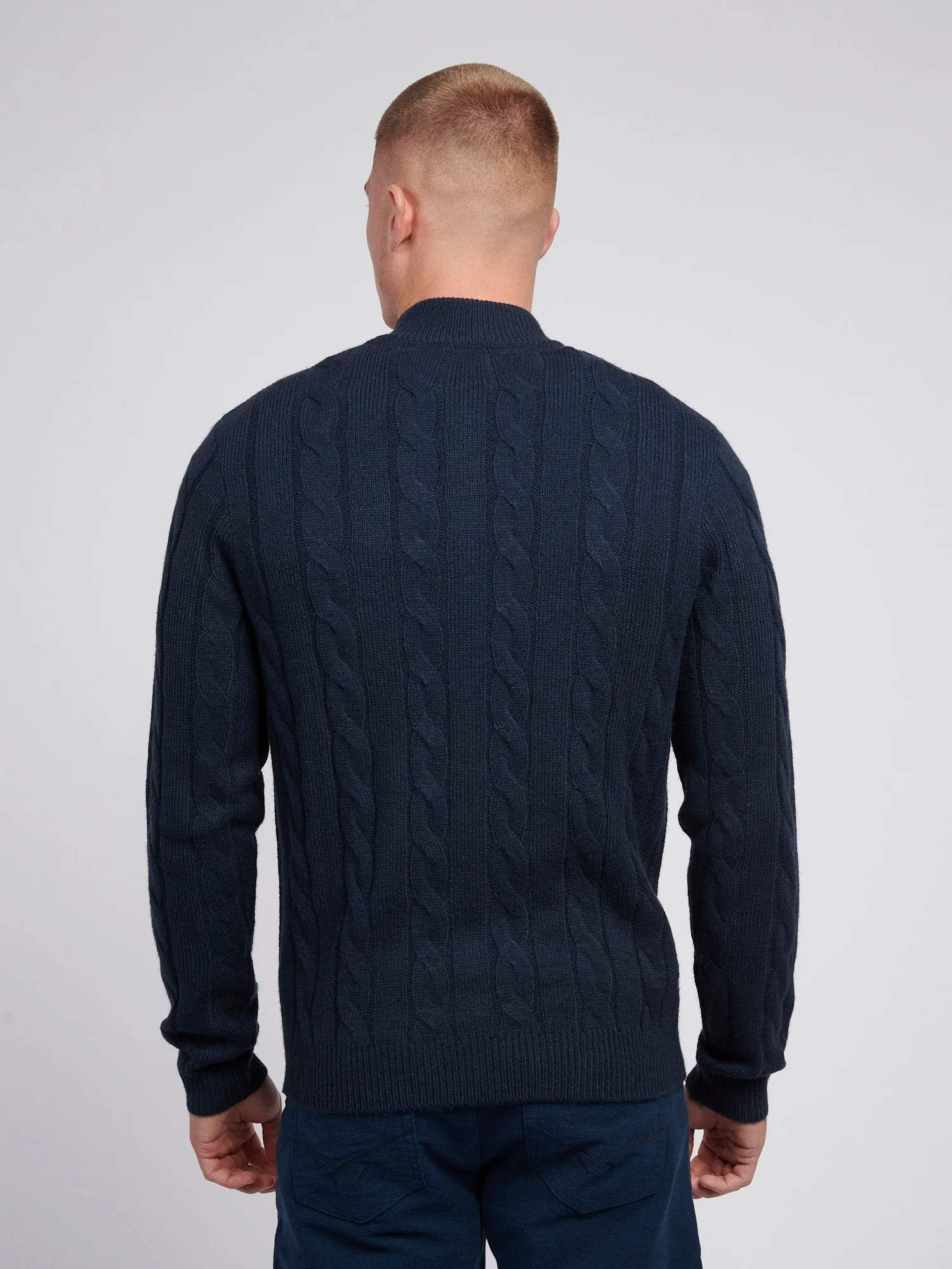 Mens Cable Knit Zip Funnel Neck in Dark Sapphire Navy / Moonlight Blue DHM