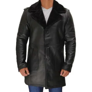 Mens Classic Shearling Long Coat in Black