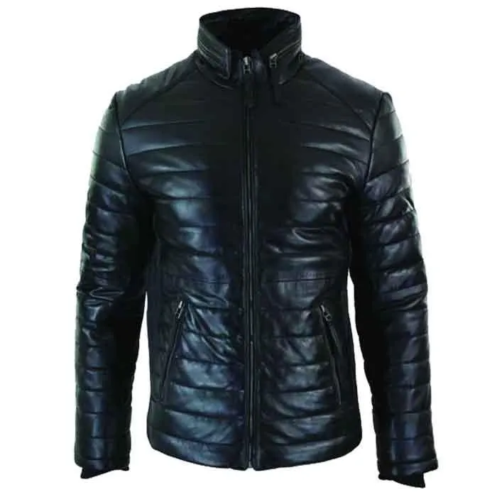 Men's Genuine Quilted Mens Real Leather Puffer Zipped Jacket Black Casual