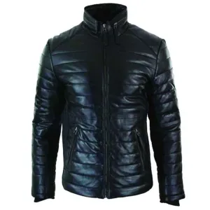 Men's Genuine Quilted Mens Real Leather Puffer Zipped Jacket Black Casual