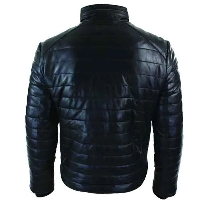 Men's Genuine Quilted Mens Real Leather Puffer Zipped Jacket Black Casual