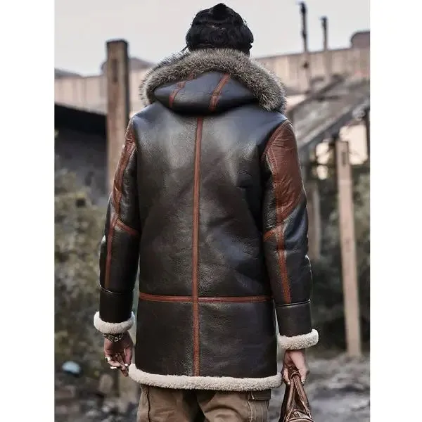 Men's Hooded Bomber Shearling Leather Trench Coat Jacket