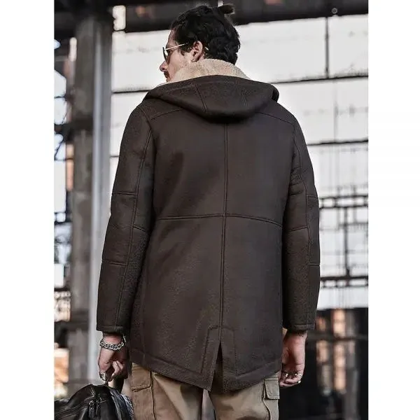 Men's Hooded Shearling Leather Long Trench Coat