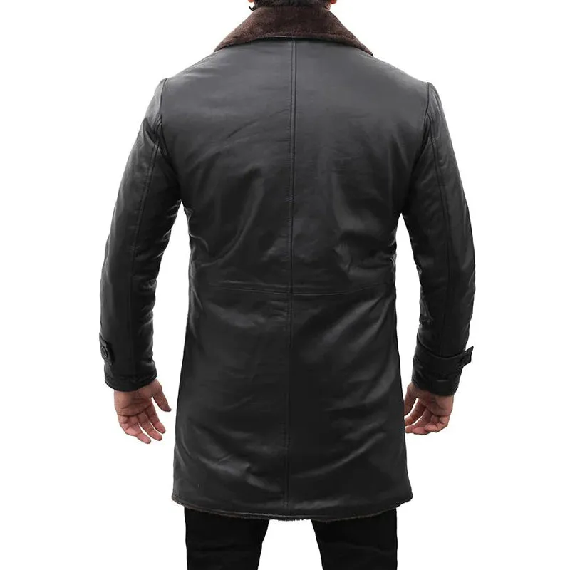 Mens Leather Shearling Coat in Black