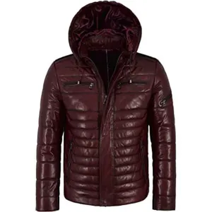 Mens Quilted Leather Puffer Jacket With Hood