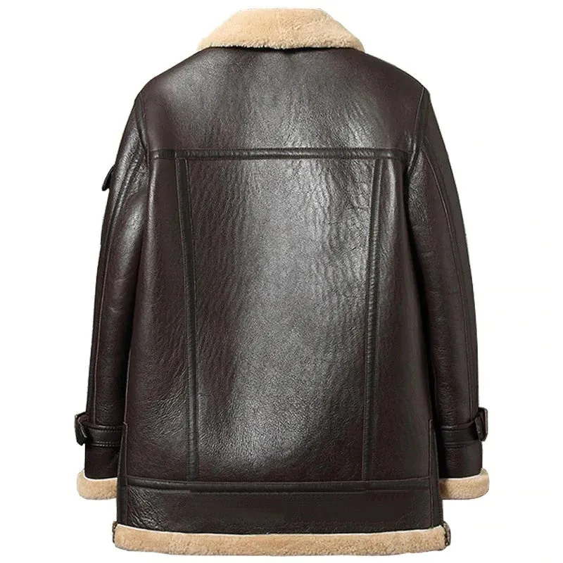 Mens Sheepskin Shearling Long Coat in Brown