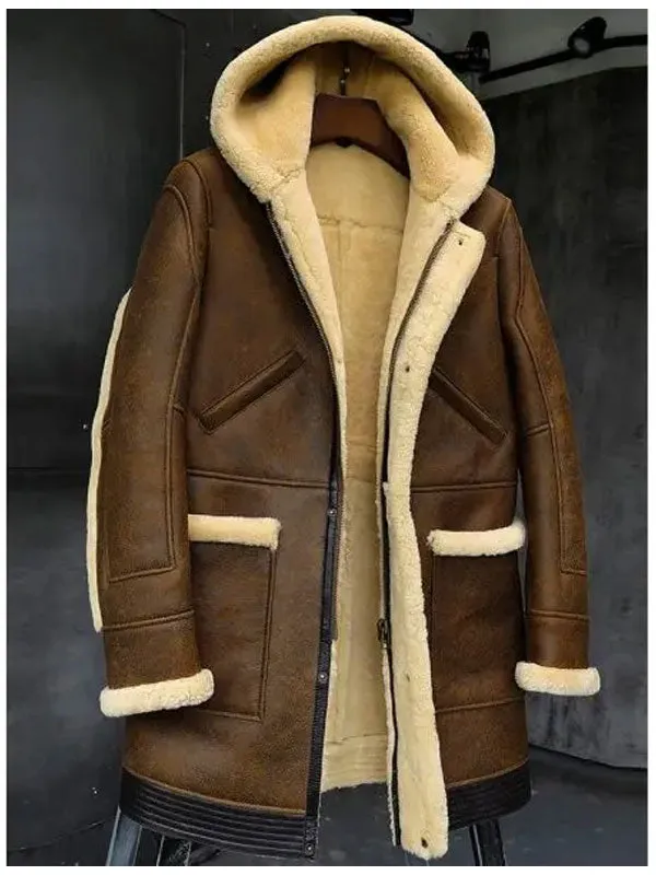 Mens Winter Hooded Sheepskin Shearling Fur Leather Long Jacket Coat