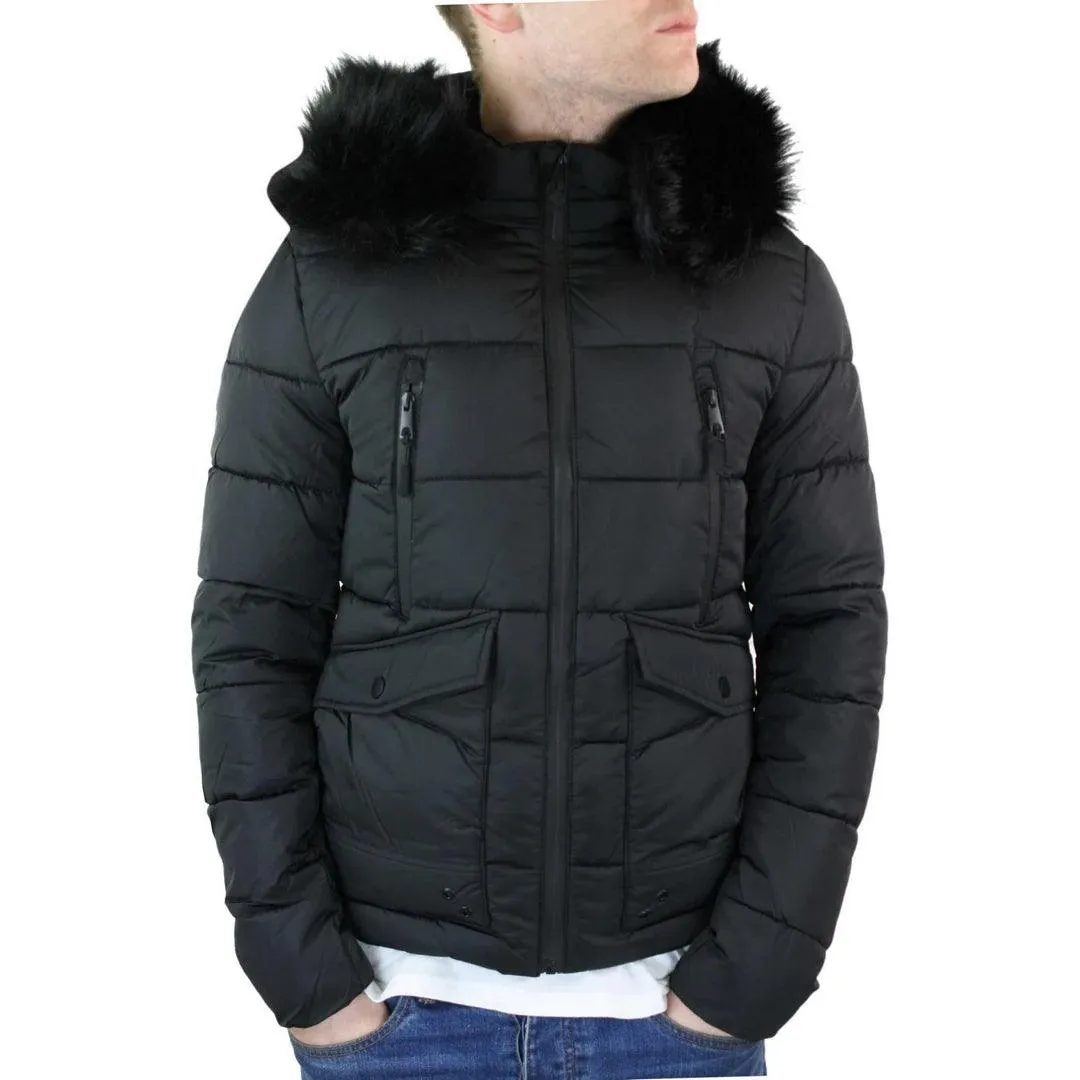 Mens Zip Hooded Fur Jacket Coat Puffer Quilted Warm Winter