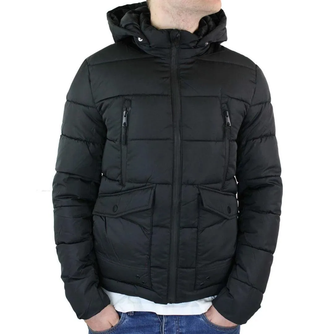 Mens Zip Hooded Fur Jacket Coat Puffer Quilted Warm Winter