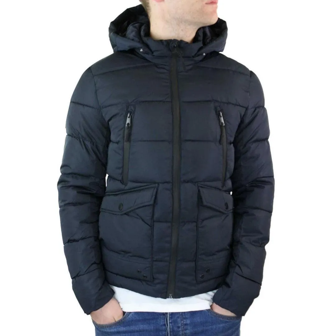 Mens Zip Hooded Fur Jacket Coat Puffer Quilted Warm Winter