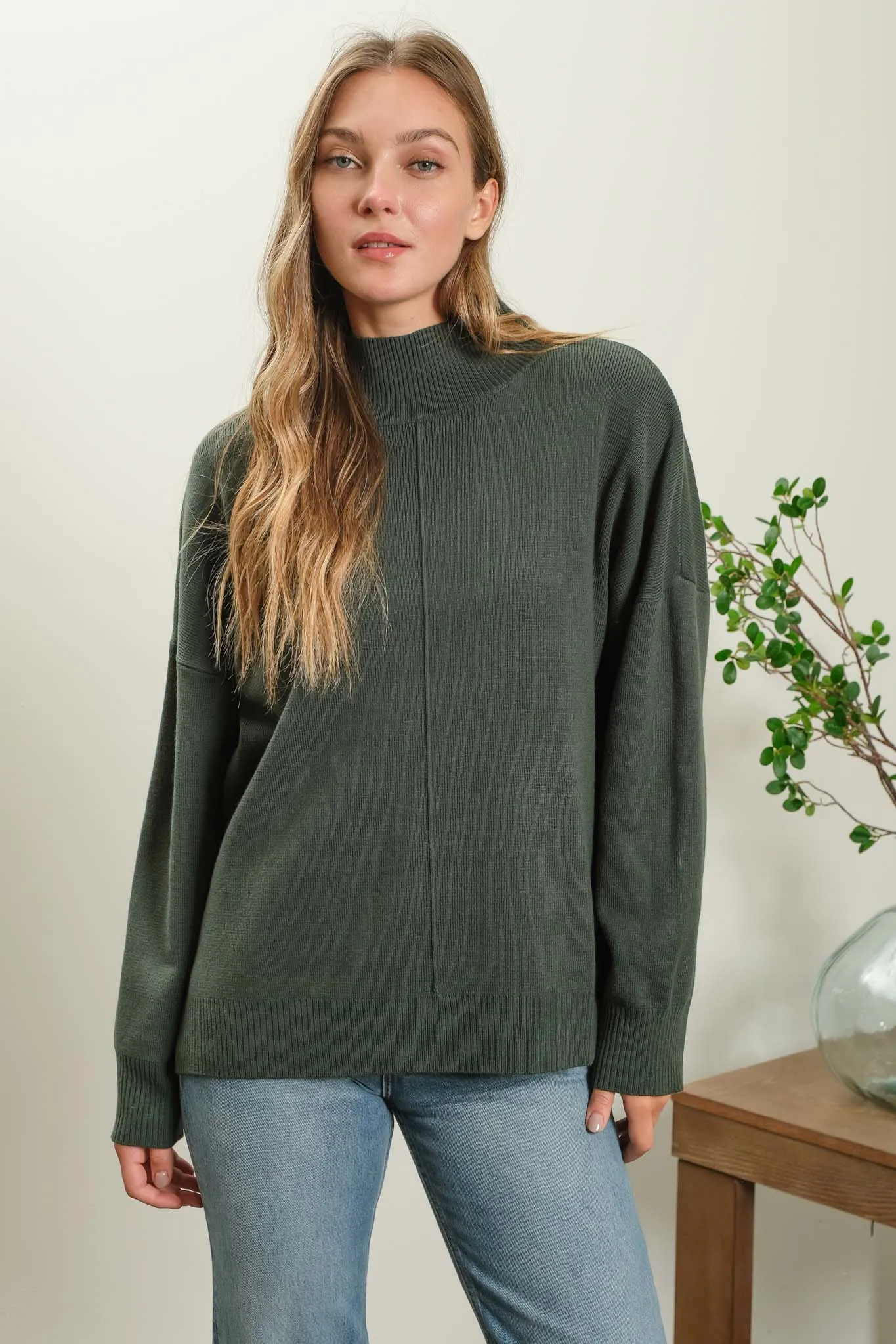 MOCK NECK FRONT SEAM PULLOVER SWEATER