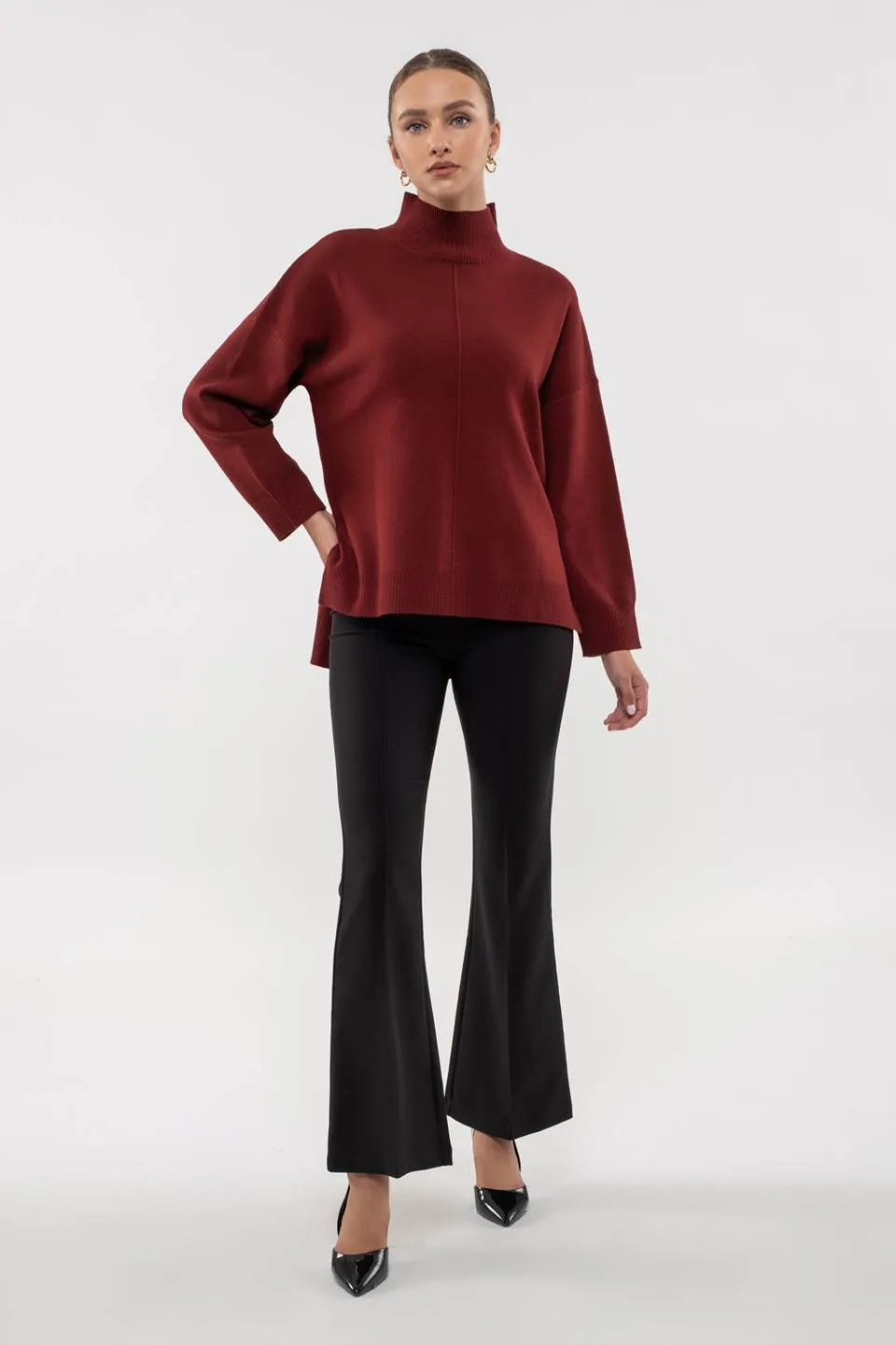 MOCK NECK FRONT SEAM PULLOVER SWEATER