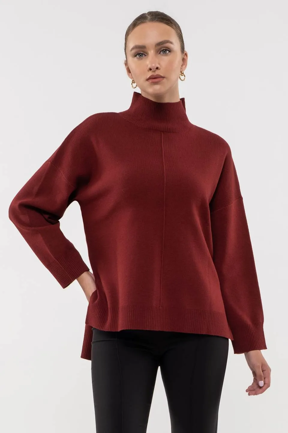 MOCK NECK FRONT SEAM PULLOVER SWEATER