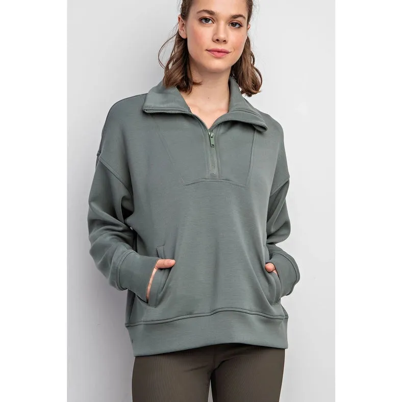 Modal Poly Span Quarter Zip Funnel Neck Pullover Sage Leaf