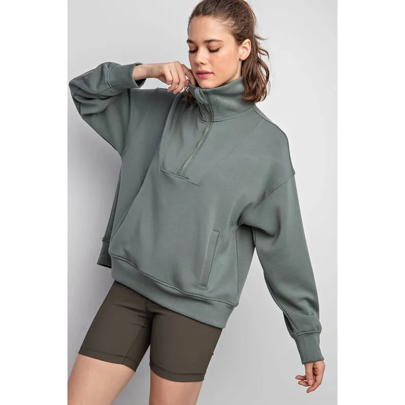 Modal Poly Span Quarter Zip Funnel Neck Pullover Sage Leaf