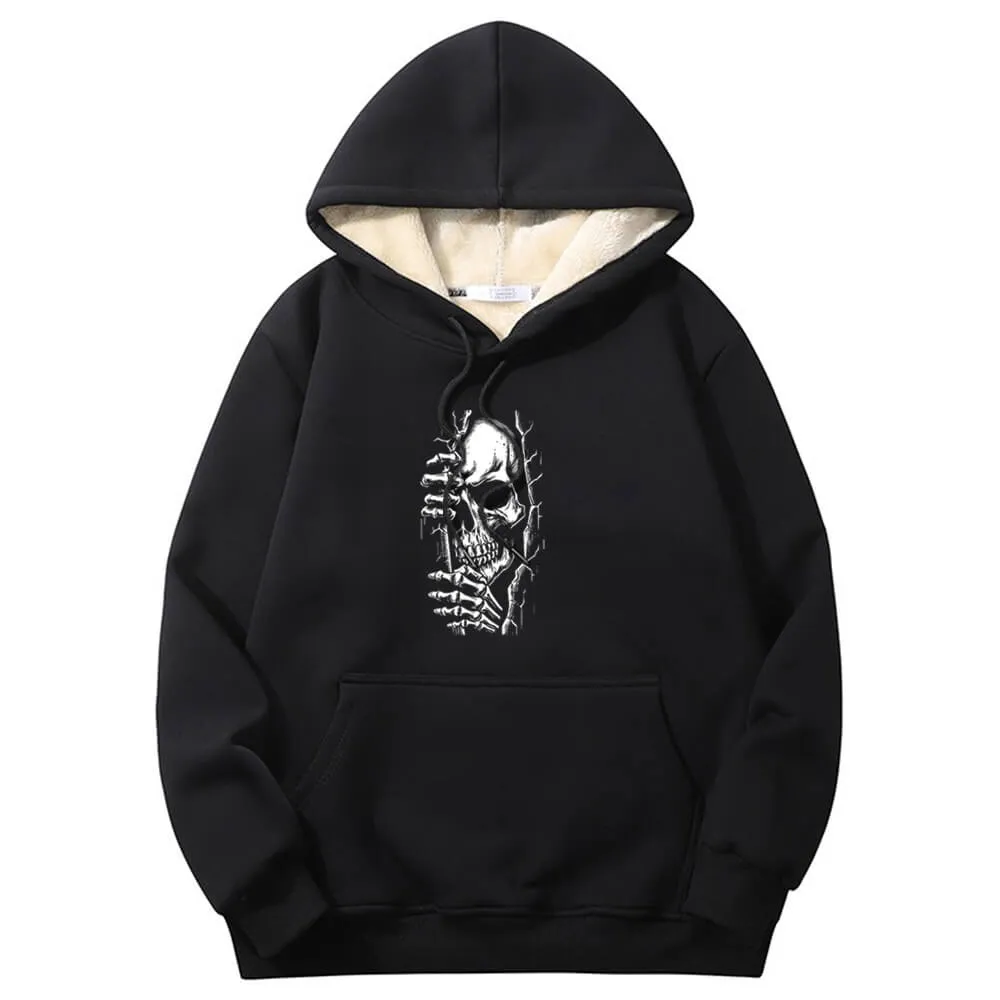 Multicolor Peeking Skull Crew Collar Fleece Sherpa Hoodie