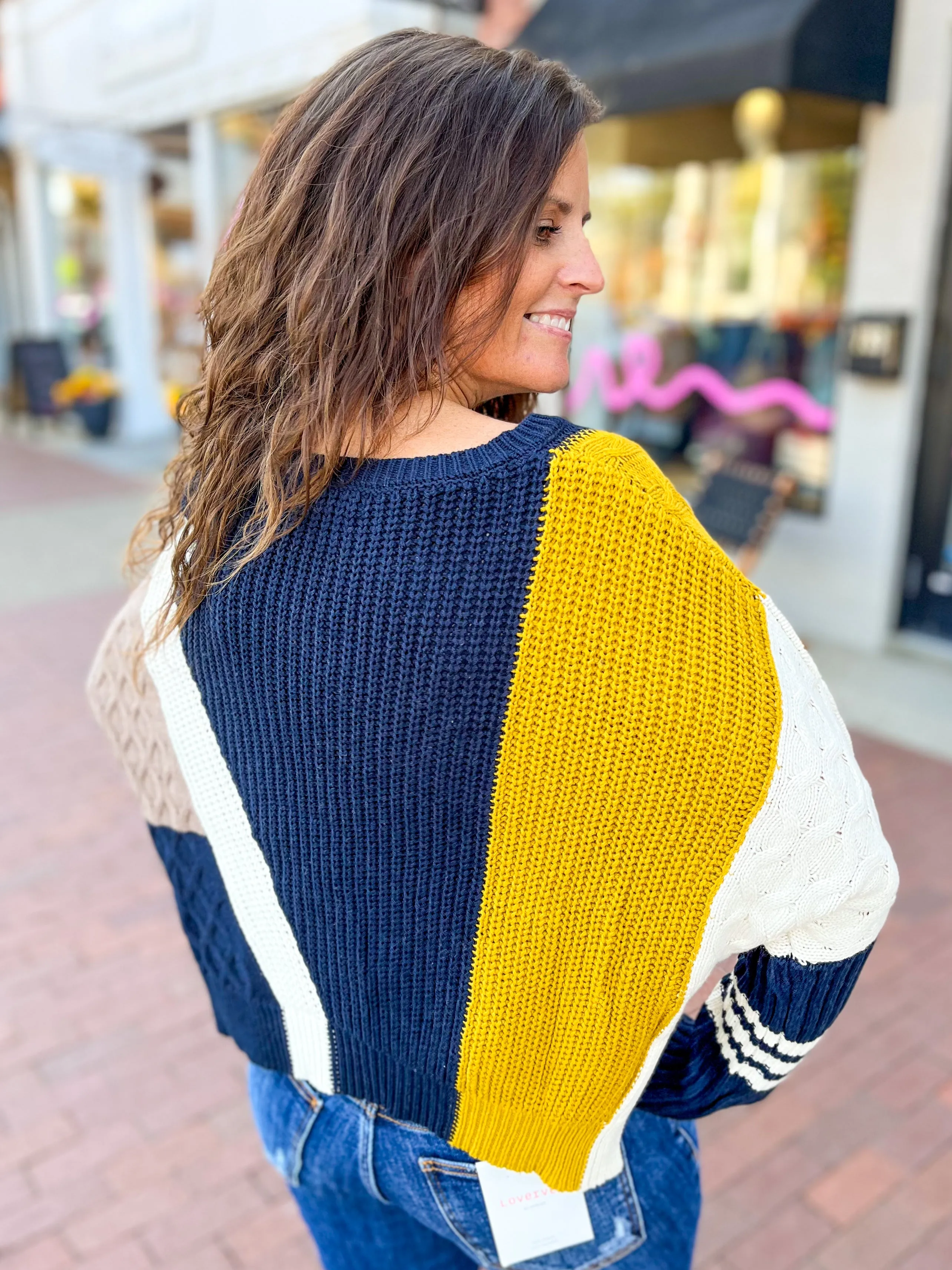 Navy & Mustard Colorblock Cable Knit Sweater