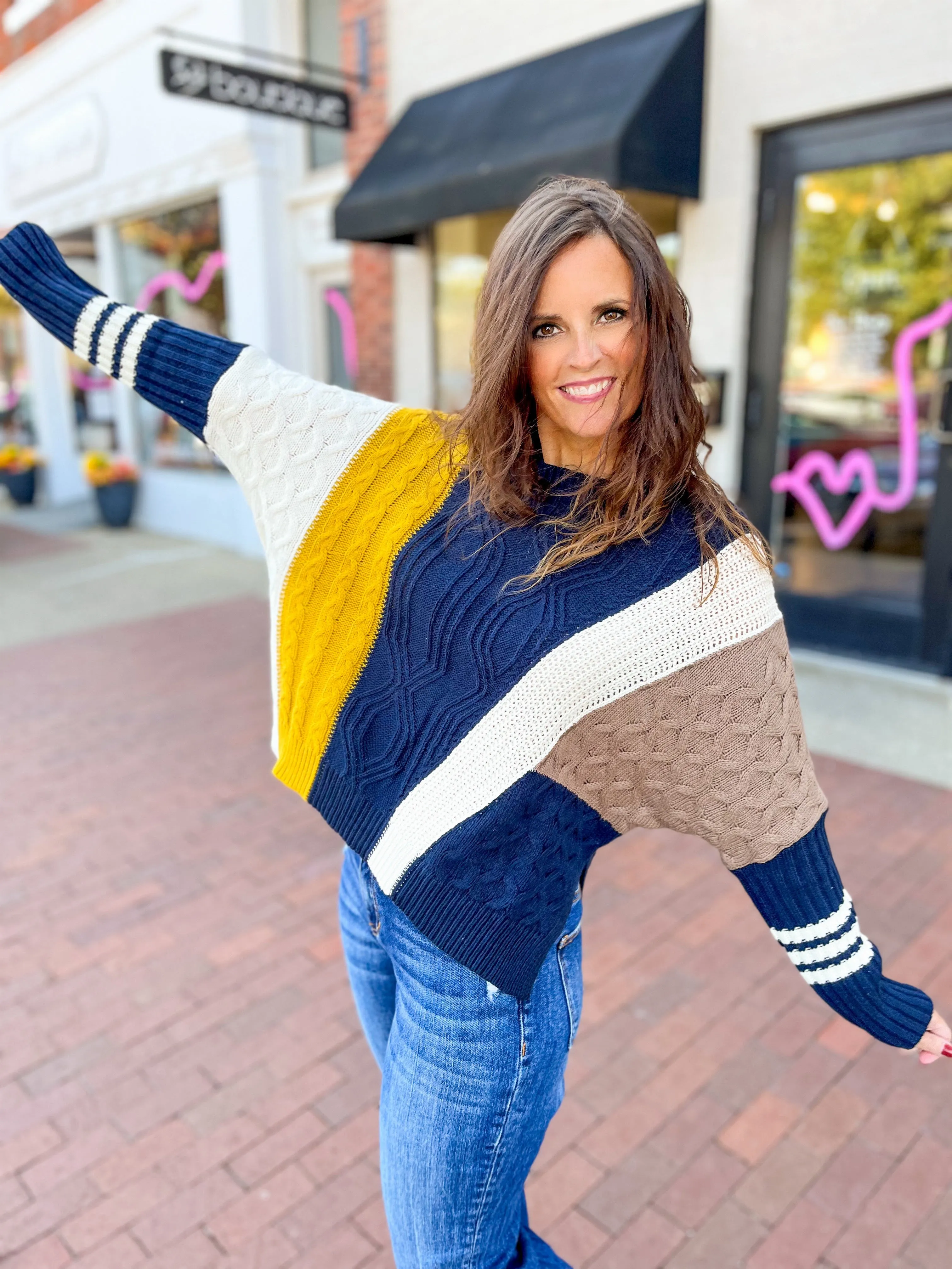 Navy & Mustard Colorblock Cable Knit Sweater