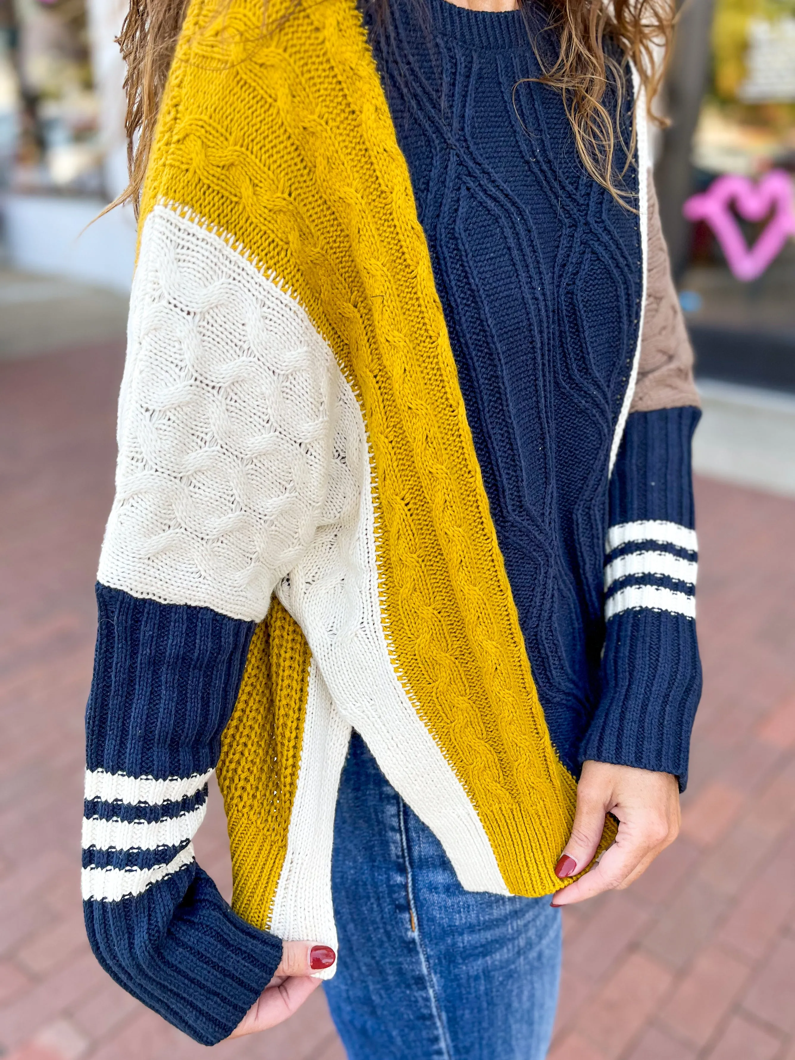 Navy & Mustard Colorblock Cable Knit Sweater