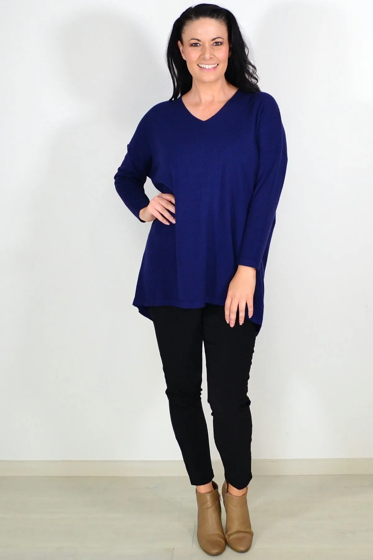 Navy Blue Wool Blend Fine Knit Tunic Top