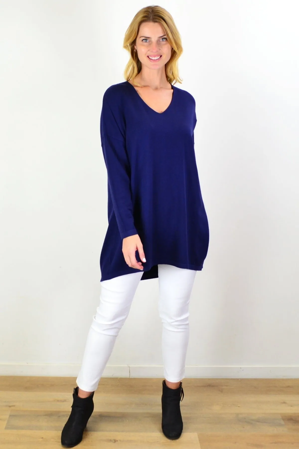 Navy Blue Wool Blend Fine Knit Tunic Top