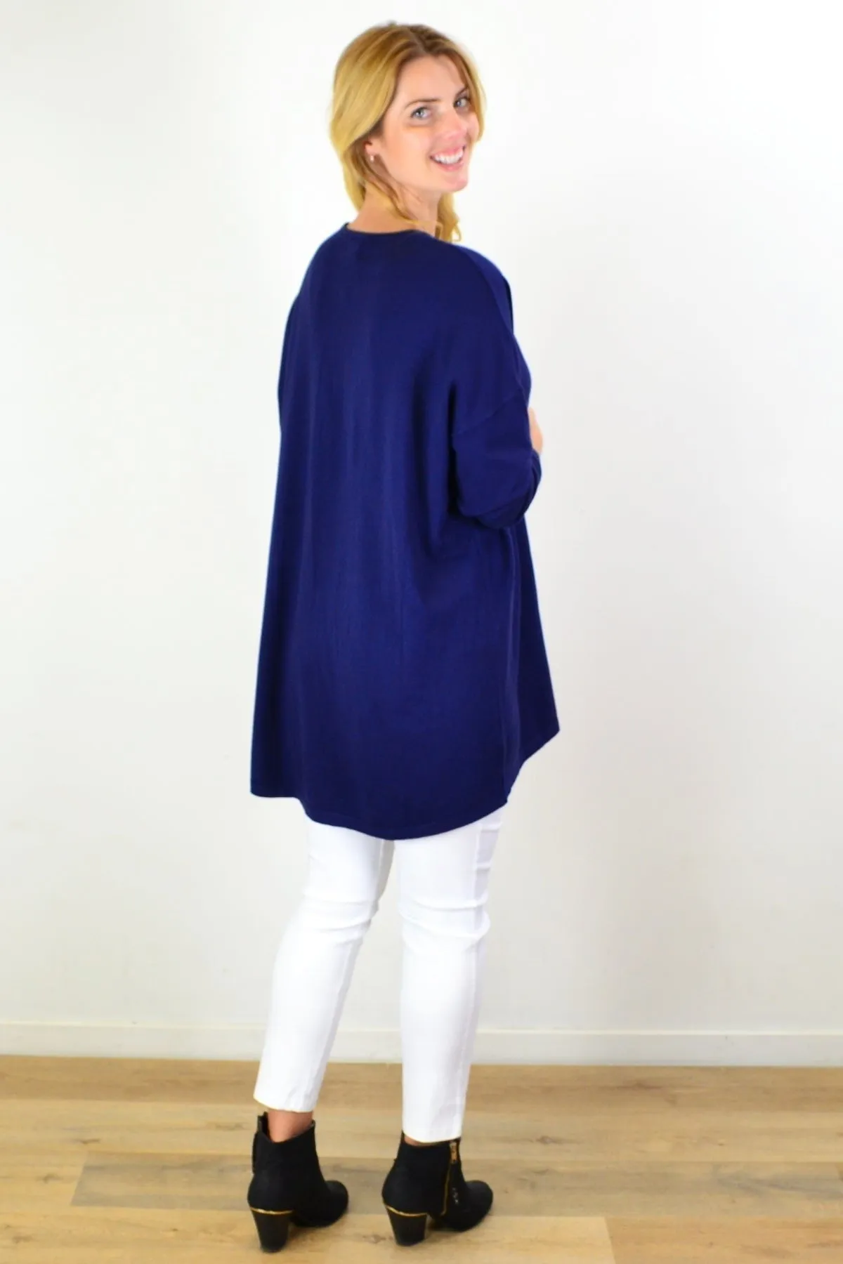 Navy Blue Wool Blend Fine Knit Tunic Top