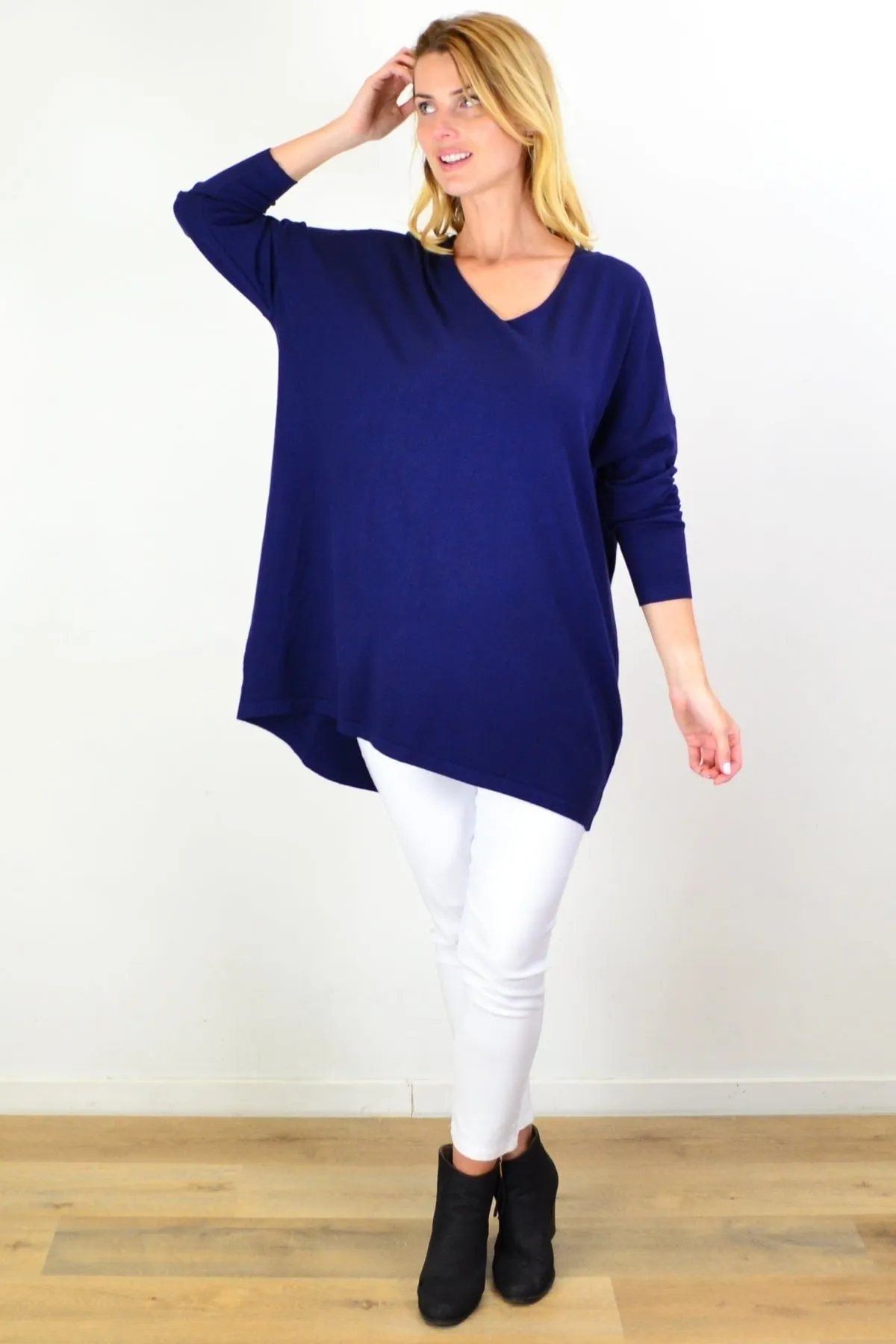 Navy Blue Wool Blend Fine Knit Tunic Top