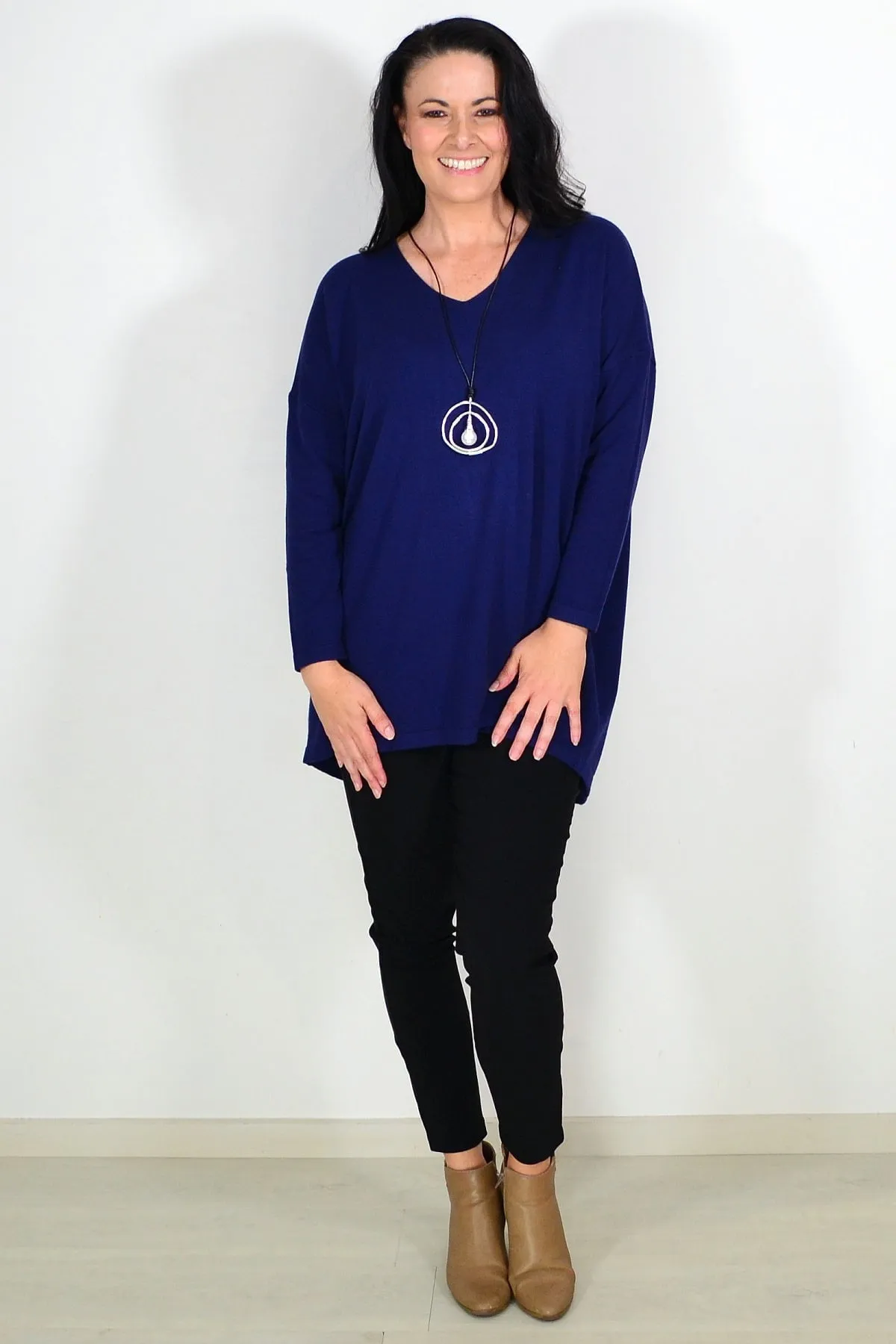 Navy Blue Wool Blend Fine Knit Tunic Top