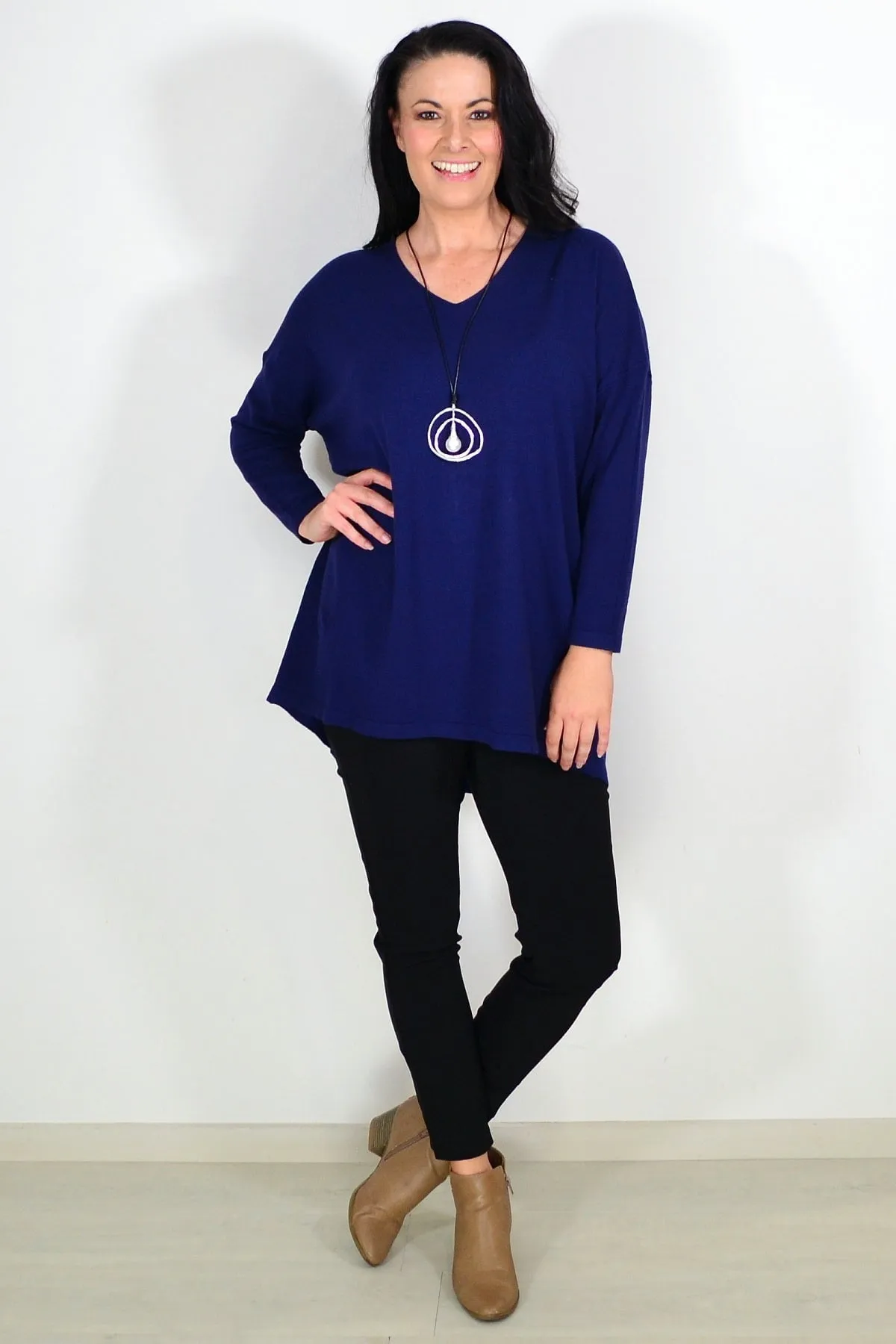 Navy Blue Wool Blend Fine Knit Tunic Top