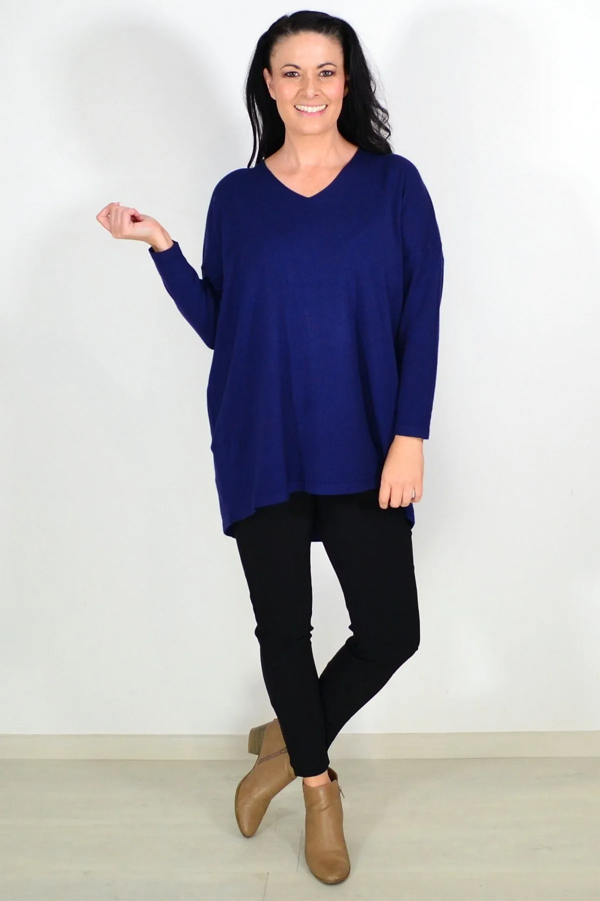 Navy Blue Wool Blend Fine Knit Tunic Top