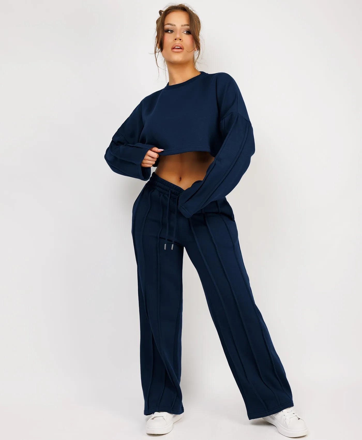 Navy Cropped Sweatshirt And Pintuck Detail Joggers Tracksuit