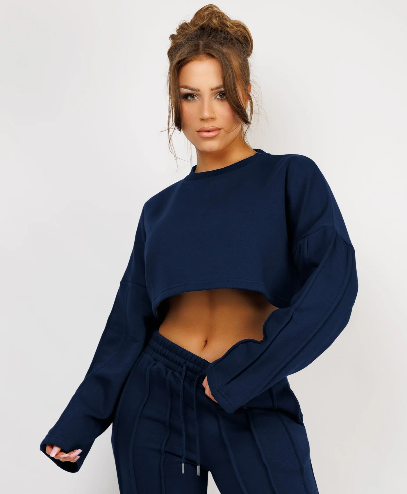 Navy Cropped Sweatshirt And Pintuck Detail Joggers Tracksuit