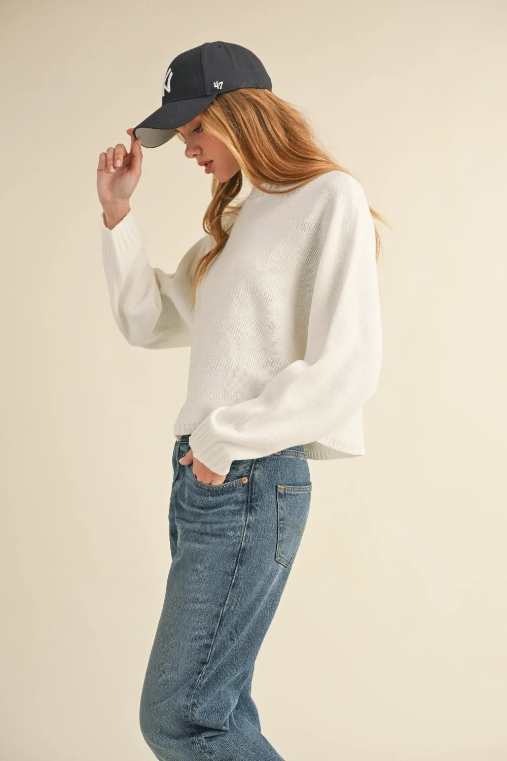 Off White Round Neck Dolman Sleeve Cropped Sweater