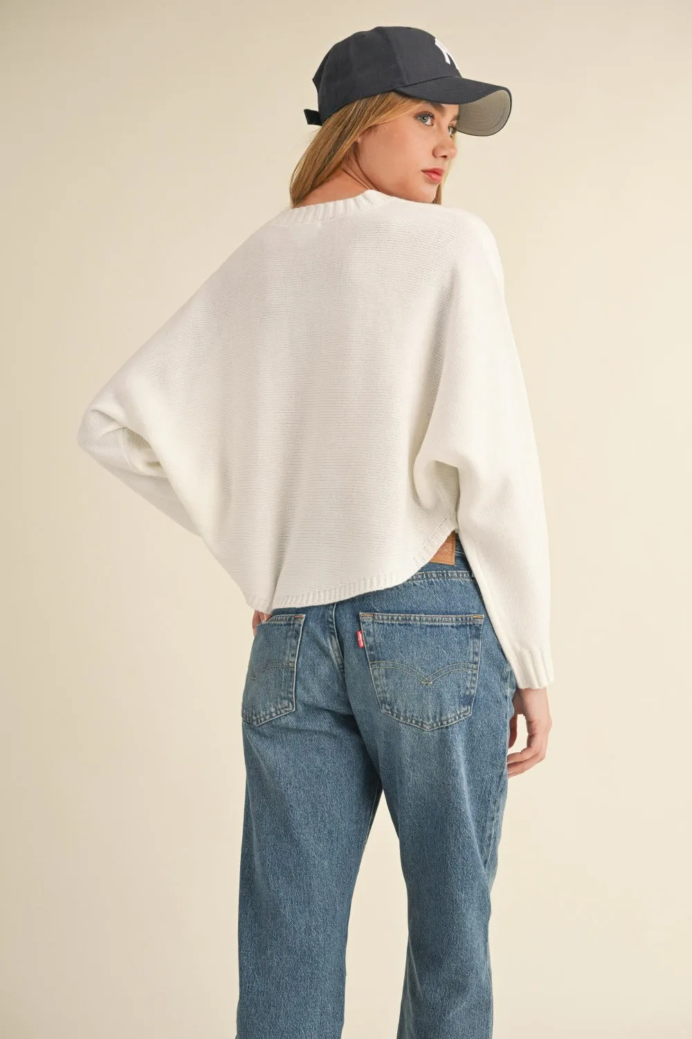 Off White Round Neck Dolman Sleeve Cropped Sweater