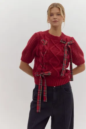 Plaid Bows Red Sweater Top