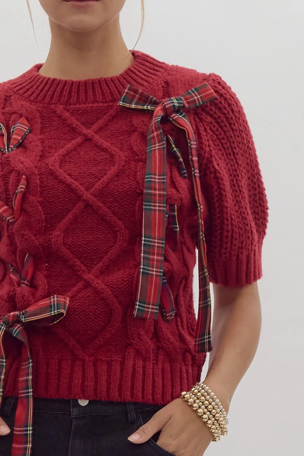 Plaid Bows Red Sweater Top