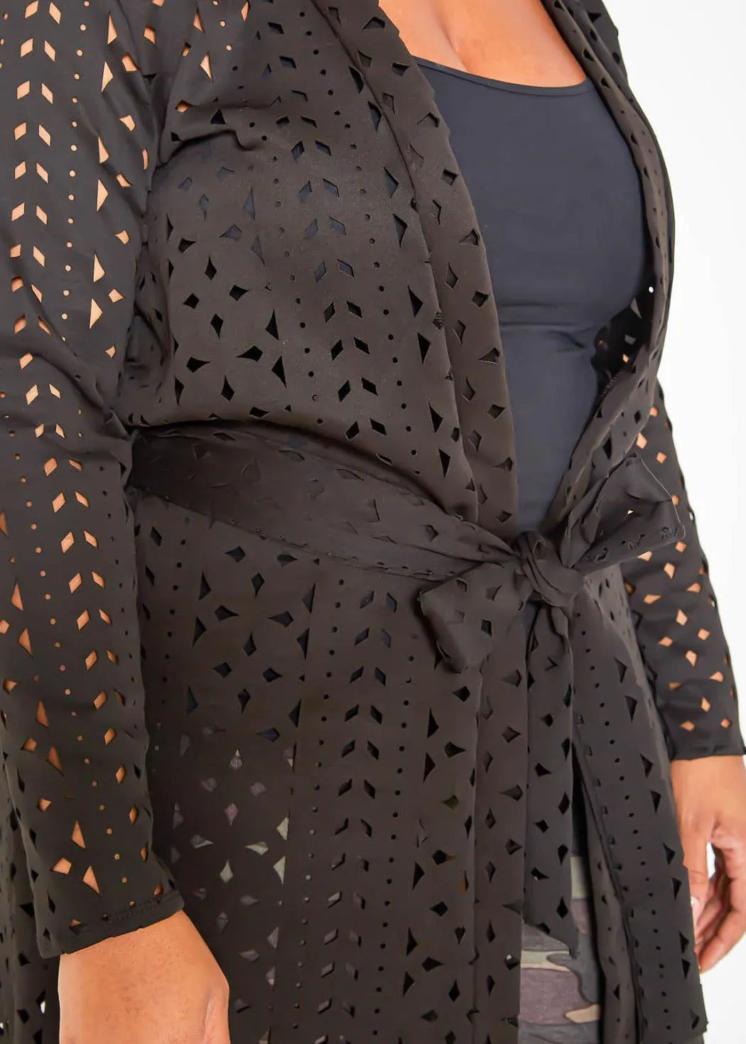 Plus Size Geometric Keyhole Designed Longline Cardigan