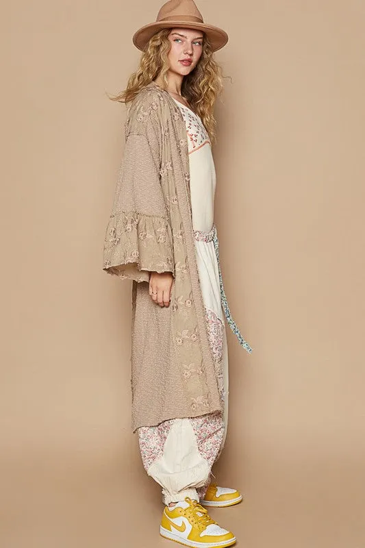 POL Women's Khaki Flower Lace Trim Open Front Boho Longline Cardigan