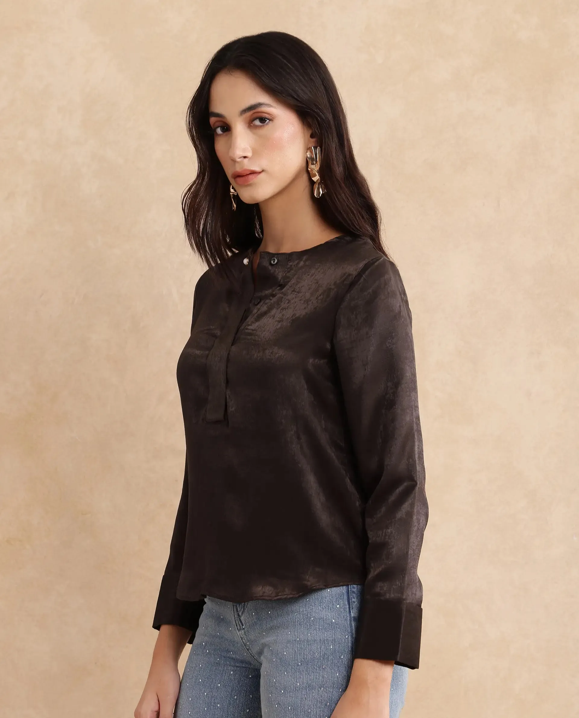 Rareism Women Daxzo Brown Velvet Regular Sleeves Round Neck Button Closure Relaxed Fit Plain Top